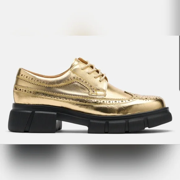 Women's Ms. Alexander Gold Leather Lug Wingtip Derby - Picture 1 of 5